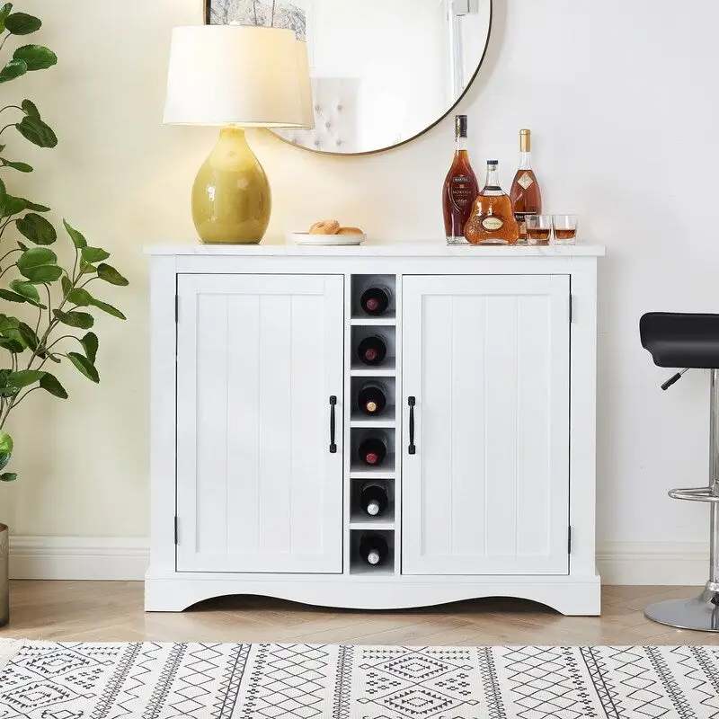 47 Marbling Countertop Buffet Bar Cabinet w/ Glass Holders