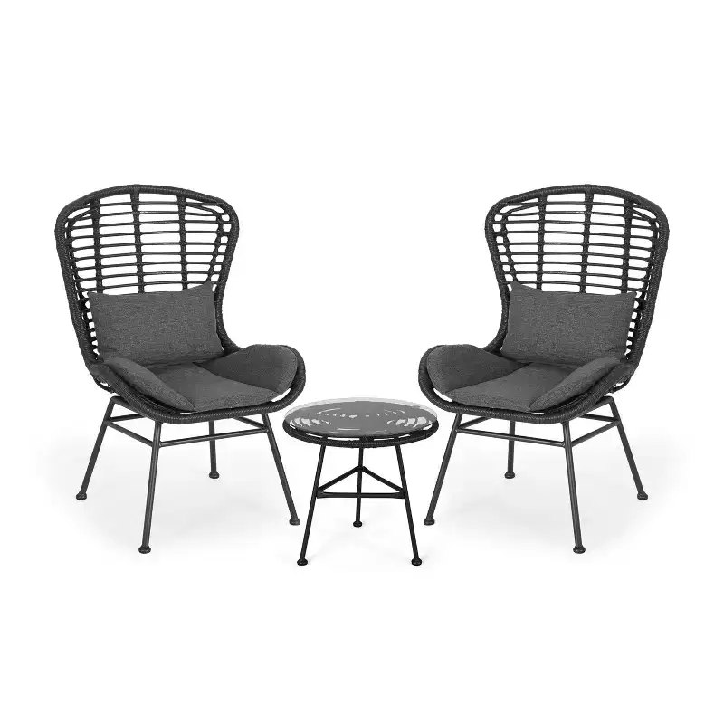 GDFStudio Cowan Outdoor Wicker and Glass 3 Piece Chat Set with Cushions, Gray, Dark Gray, and Black