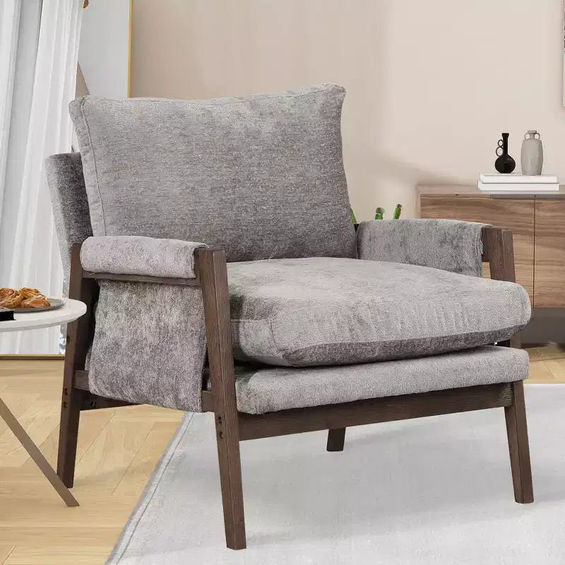 Mid-Century Modern Velvet Accent Chair - Plush Armchair with Solid Rubber Wood Frame