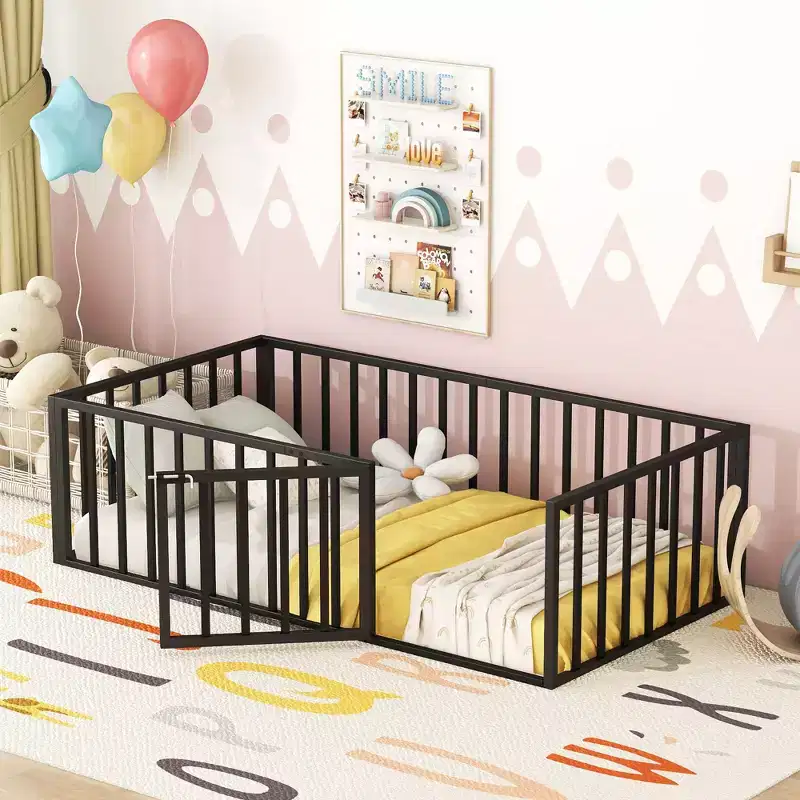 Floor Bed Frame for Kids, Metal Montessori Floor Bed with Rails and Door, Floor Bed Frame with Fence-Shaped Guardrails