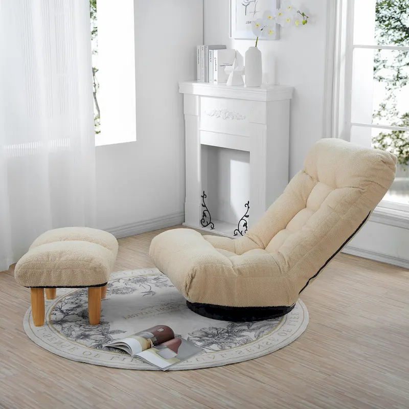 Beige Boucle Upholstered 360 Swivel Armless Manual Leisure Recliner Set with Ottoman, Adjustable Headrest and Backrest