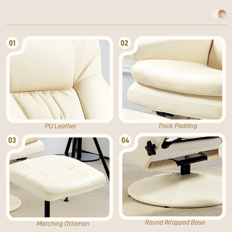 Adjustable PU Leather Lounge Chair Swivel Recliner Chair Padded High Back Armchair with Ottoman and Wood Base