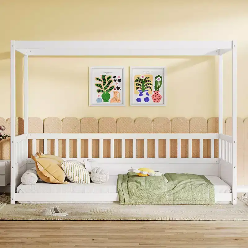 TUYOHW Modern Minimalist Canopy Bed with Safety Guardrails,Twin/Full Size Pine Wood Montessori Bed Frame,No Box Spring Required
