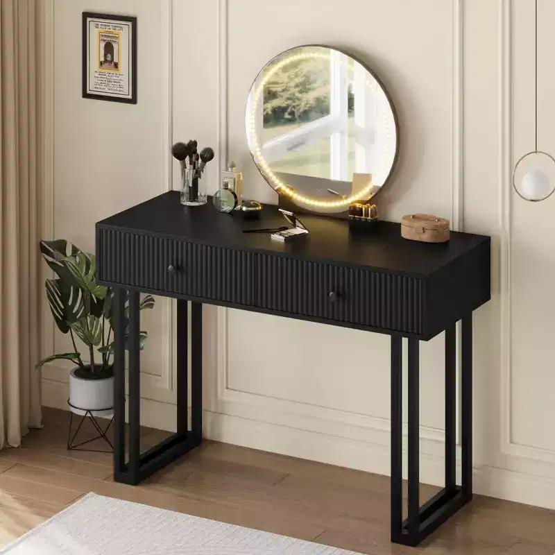 Acekool Vanity Desk with Mirror and LED Lights, 3-Color Lighting, Spacious Storage, Modern Minimalist Makeup Table, Easy Assembly