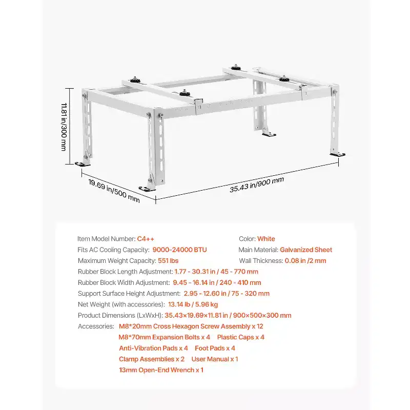 Adjustable Anti-Vibration Mini Split Ground Stand for 9000-24000 BTU Ductless AC Heat Pump, White