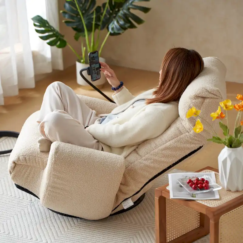 Upholstered 360 Swivel Manual Leisure Recliner with Mobile Phone Holder, Adjustable Headrest and Backrest