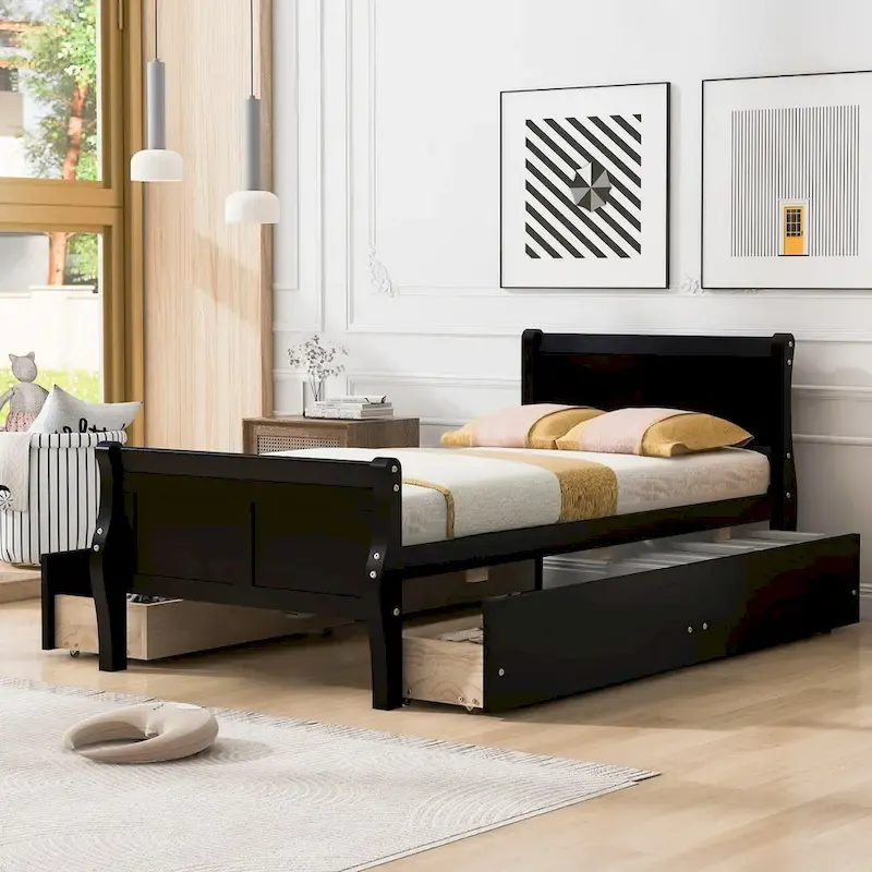 Twin Wood Platform Bed with 4 Drawers & Headboard – Oak / Espresso / Grey / White, 1-Person