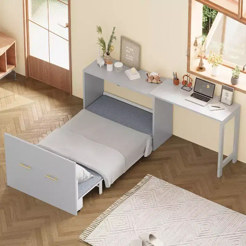 Twin Size Murphy Bed Space with Foldable Cushion, Saving Foldable Bed Murphy Chest Dresser Bed with Adjustable Position Desk, White/Gray - ModernLuxe
