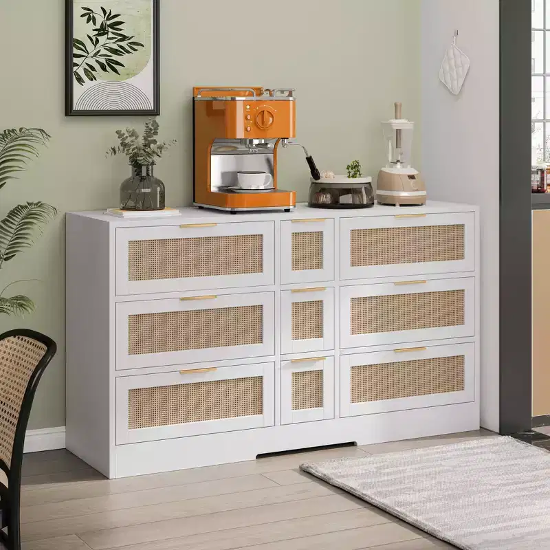 MAYEERTY 51.2 Rattan Storage with 9 Drawers Metal Handles for Kitchen Living Room Bedroom White