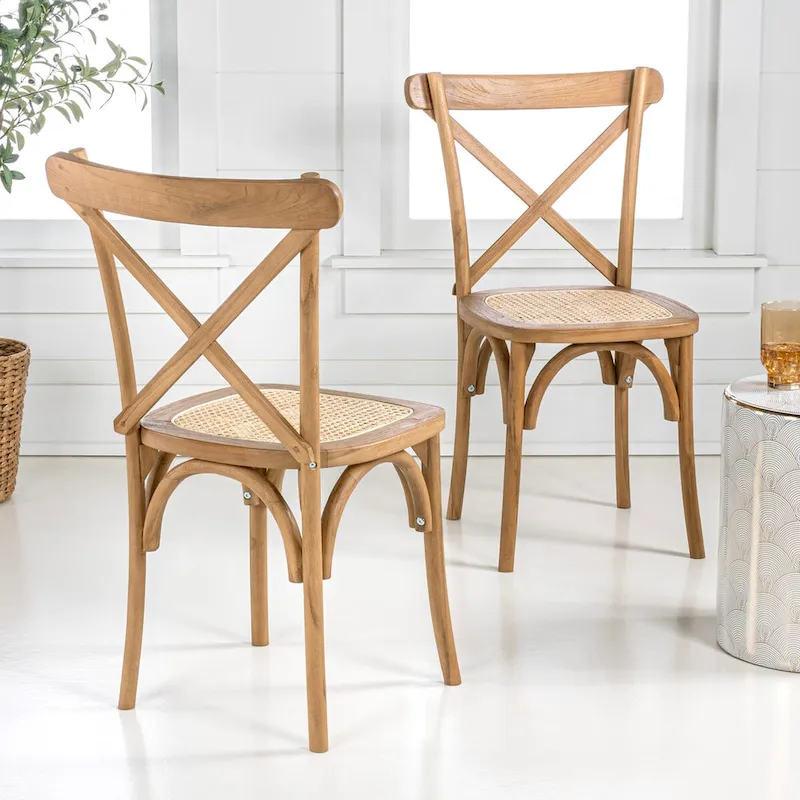 Colmar Classic Traditional X-Back Wood Rattan Dining Chair, Natural (Set of 2) by JONATHAN Y