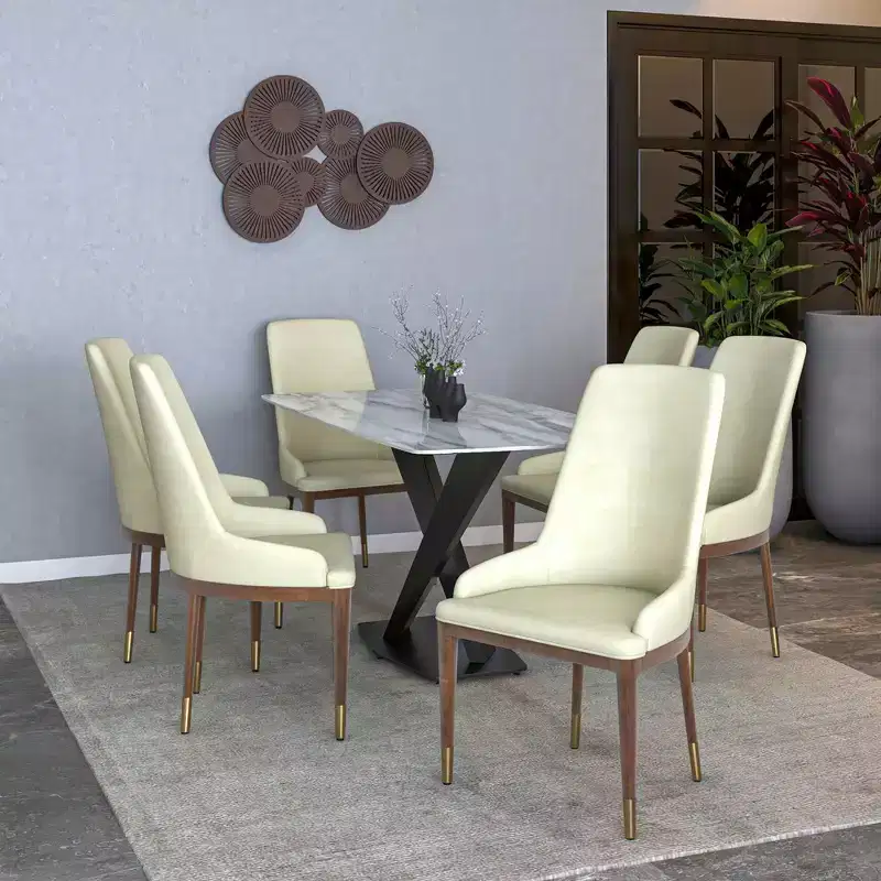 Modern Dining Chair Upholstered in Leather with Brown Rubberwood Legs Accent Kitchen Room Side Chairs