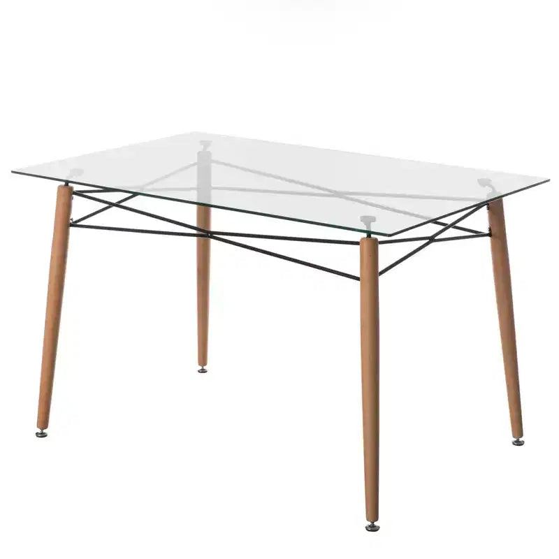 Rectangle Clear Tempered Glass Dining Table - Mid-Century, Solid Wood Legs, Seats 4-6