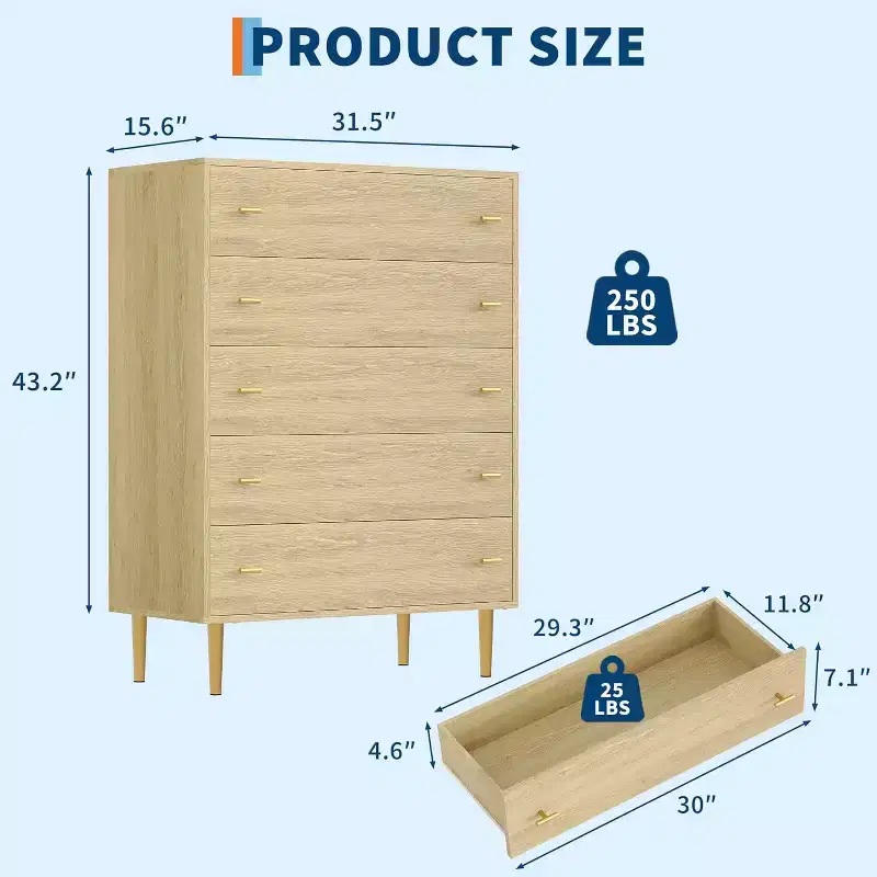 5 Drawers Dresser for Bedroom, 44 Tall Wood Rustic Chest of Drawers with Bar Handles, Vintage Design, Storage Dressers Organizer for Bedroom