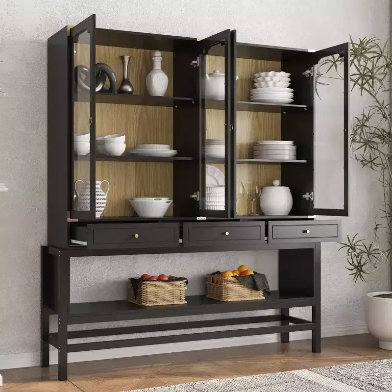 Kitchen Pantry Cabinet with Glass Doors, Adjustable Shelves & Gold Accents, Dishware Display Storage