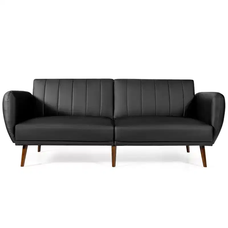 Convertible Futon Sofa Bed PU Adjustable Couch Sleeper w/Wood Legs
