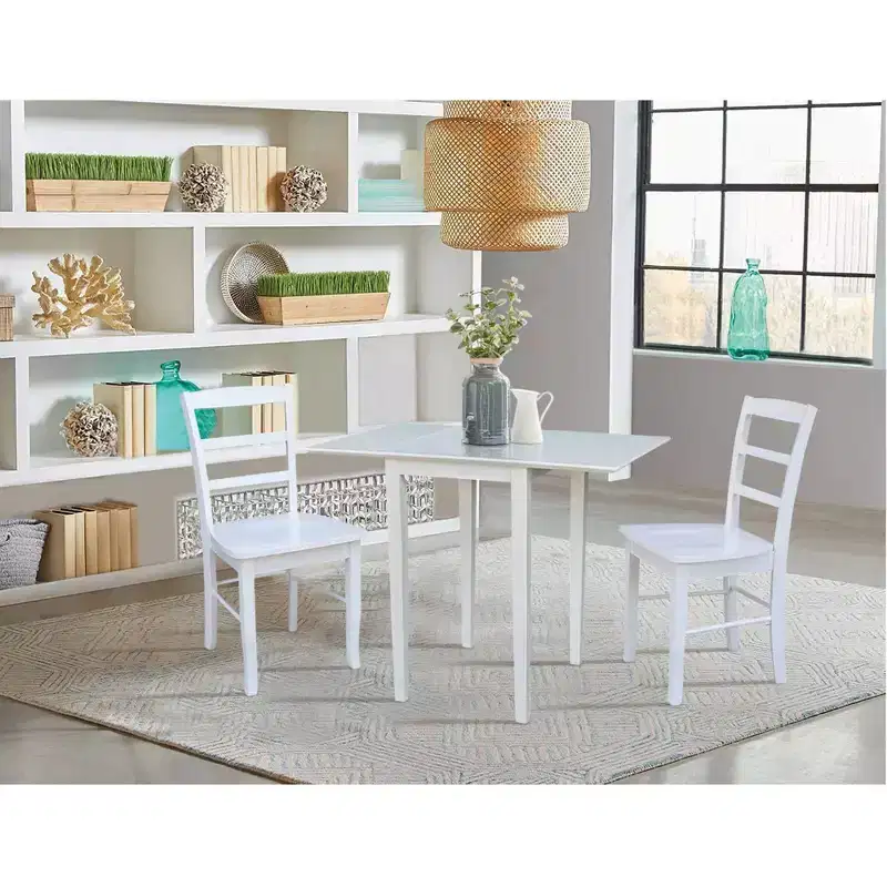 Tate Dual Drop Leaf Dining Set with 2 Madrid Ladderback Chairs White: Parawood, Mid-Century Style, 3-Piece Set