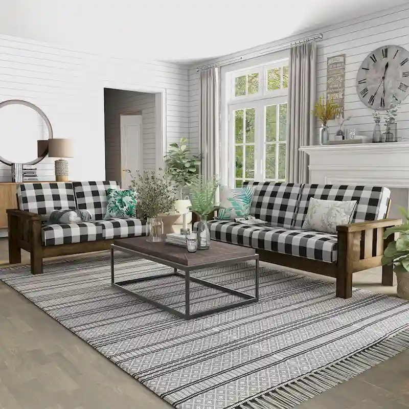 Jimo Rustic Oak and Linen Fabric 2-Piece Sofa Set by Furniture of America