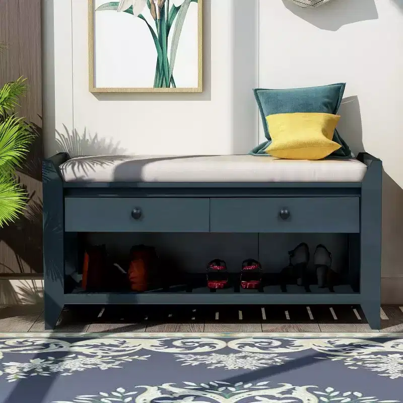 Solid Wood Shoe Storage Bench with 2 Drawers & Cushion, Multipurpose Entryway Organizer with Grid Rack Base, Antique Navy