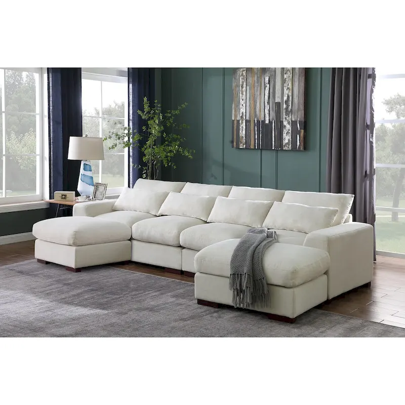 Tatman Linen Blend Sectional with Two Ottomans - 123.24W x 37.8D x 34.25H