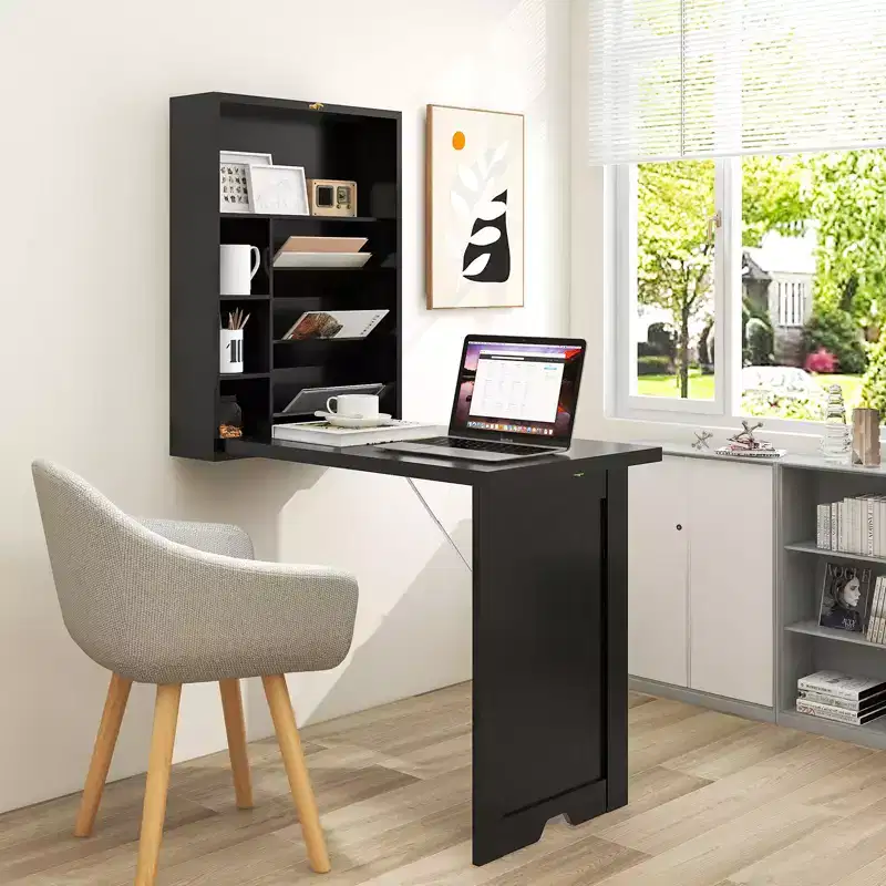 Wall Mounted Computer Convertible Desk Floating Desk with Storage Bookcases