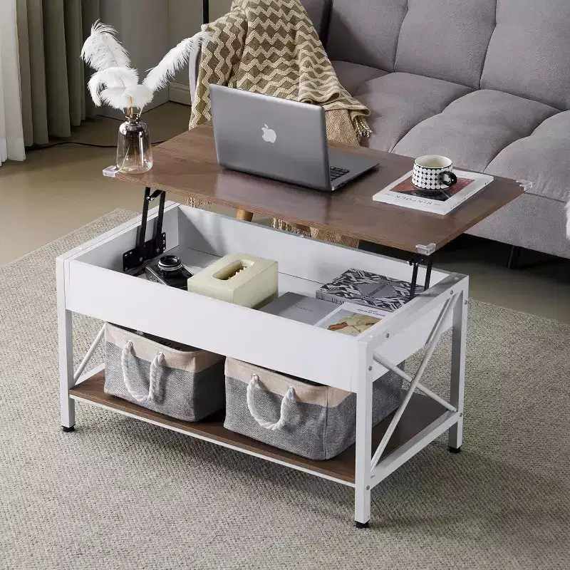 36 Lift Top Coffee Table with Cloth Storage Bins, Farmhouse Coffee Tables for Living Room, White Walnut