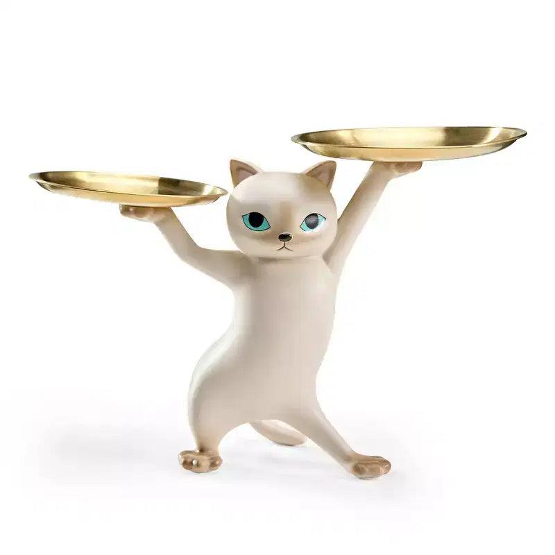 Enchanting Cat Side Table with Dual Tempered Glass Trays - Gold & Beige