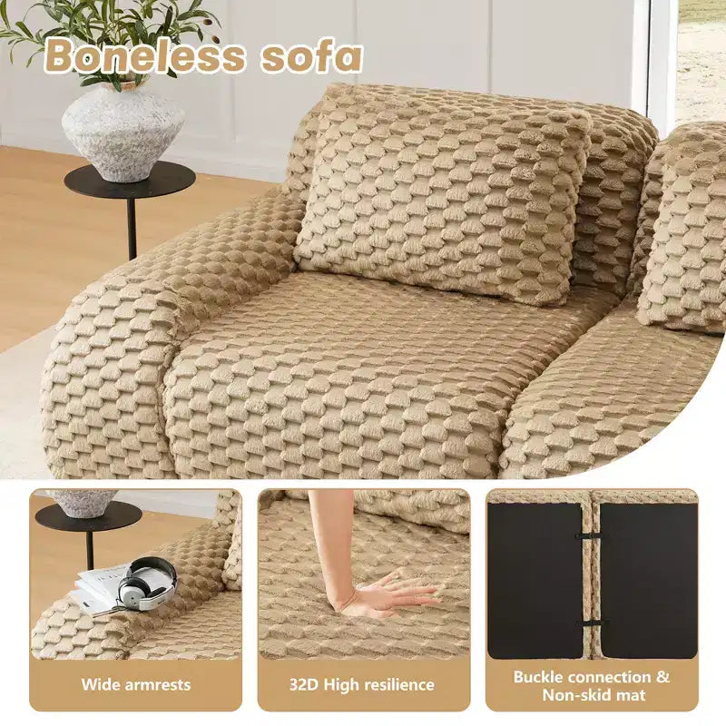 114 Modular Sectional Sofa Flannelette 3-Seater Deep Seat Buckle No Assembly Light Camel