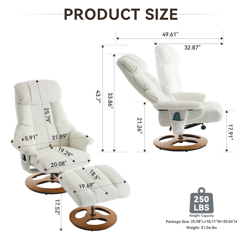 Heated Massage Armchair Chenille Fabric Seating Swivel Recliner Chair with Ottoman, Adjustable Backrest and Remote