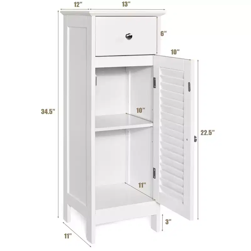 Costway Bathroom Floor Storage Cabinet Side Wooden Organizer w/ Drawer & Shutter Door