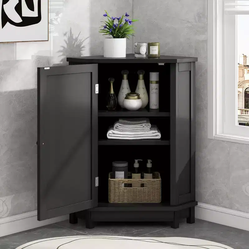 Clara Modern Wood Triangle Freestanding Corner Bathroom Storage Cabinet with Adjustable Shelf