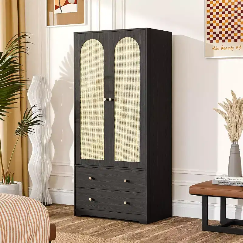 Armoires Closet with Doors, Rattan Armoire Wardrobe Closet with Drawers & Hanging Rod, Armoire with Shelves, Wooden Wardrobe