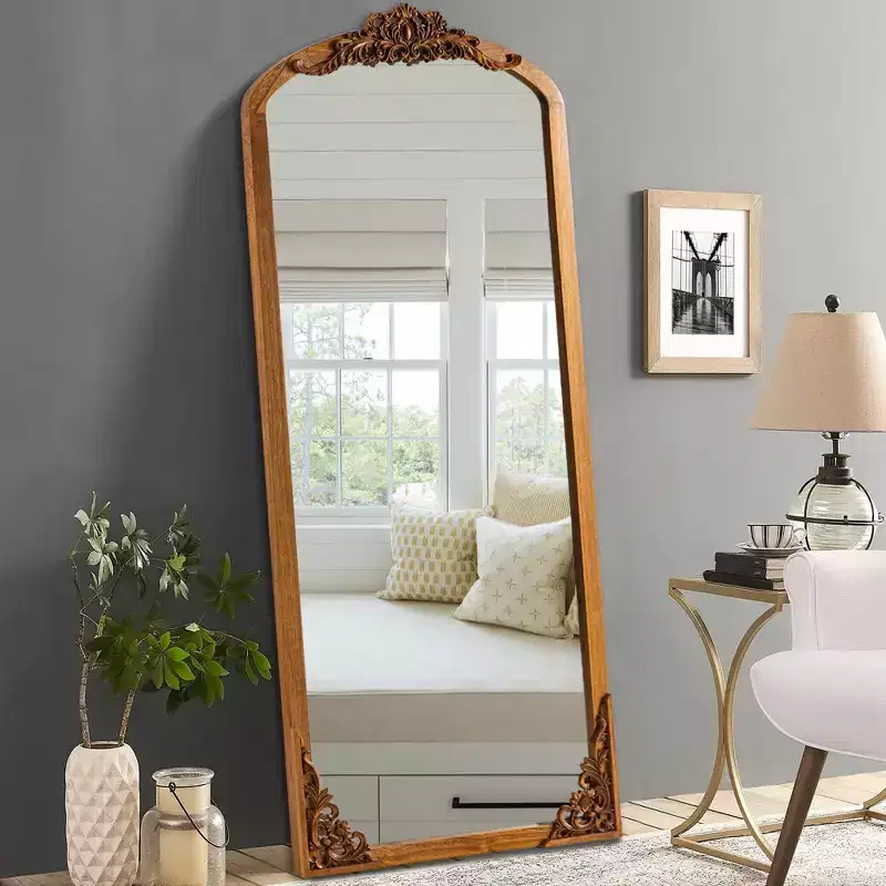 PexFix 70x30 Solid wood carved right-angle slightly arched golden full-length mirror