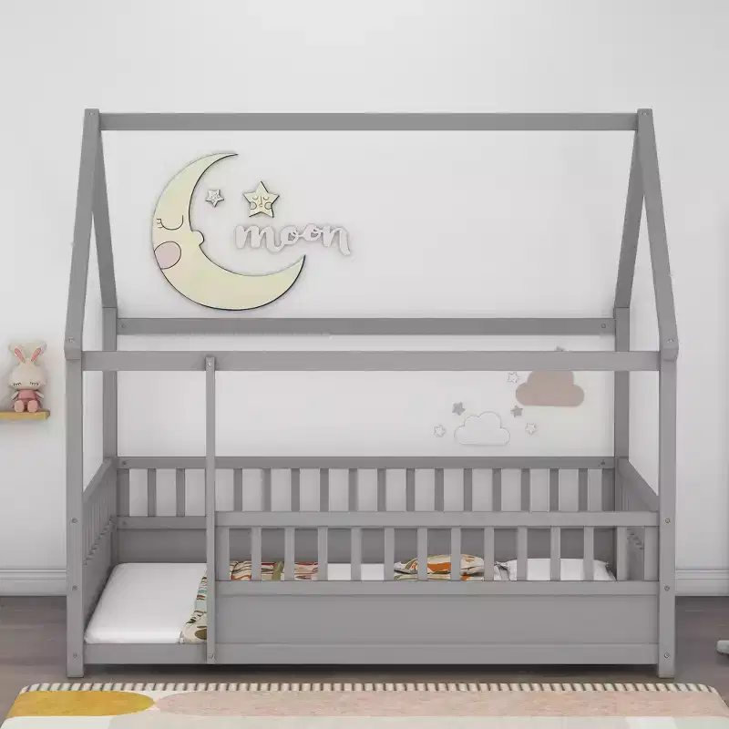 Full Size Toddler Floor Bed with House Roof Frame and Fence, Modern Montessori Bed with Guardrails for Bedroom