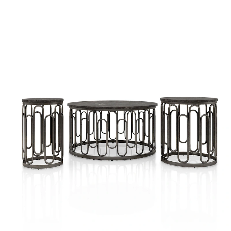 Lars Modern 3-Piece Round Table Set with Marble Top, Sturdy Decorative Metal Base by Furniture of America