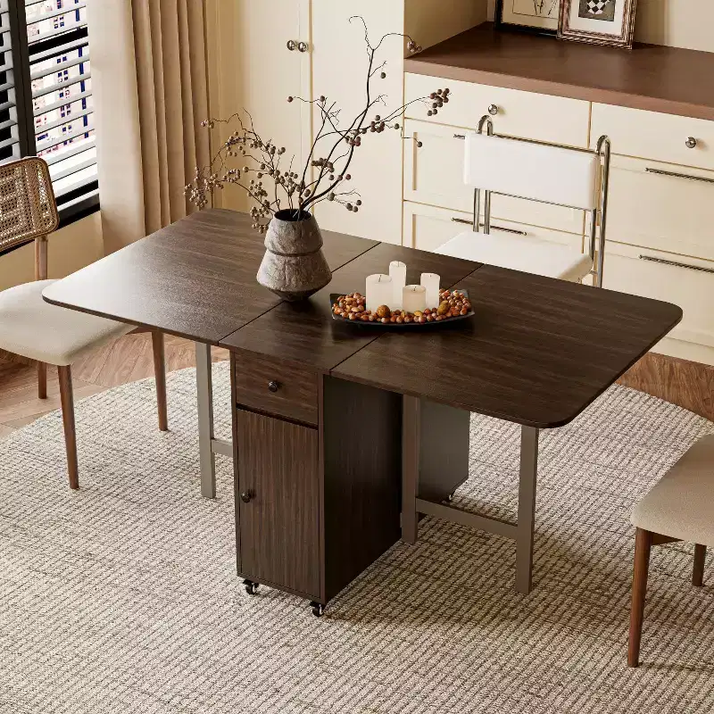 59'' Foldable Dining Table For Small Space, Rectangular Wood Folding Extendable Kitchen Table with Drop Leaves, No Assembly Required