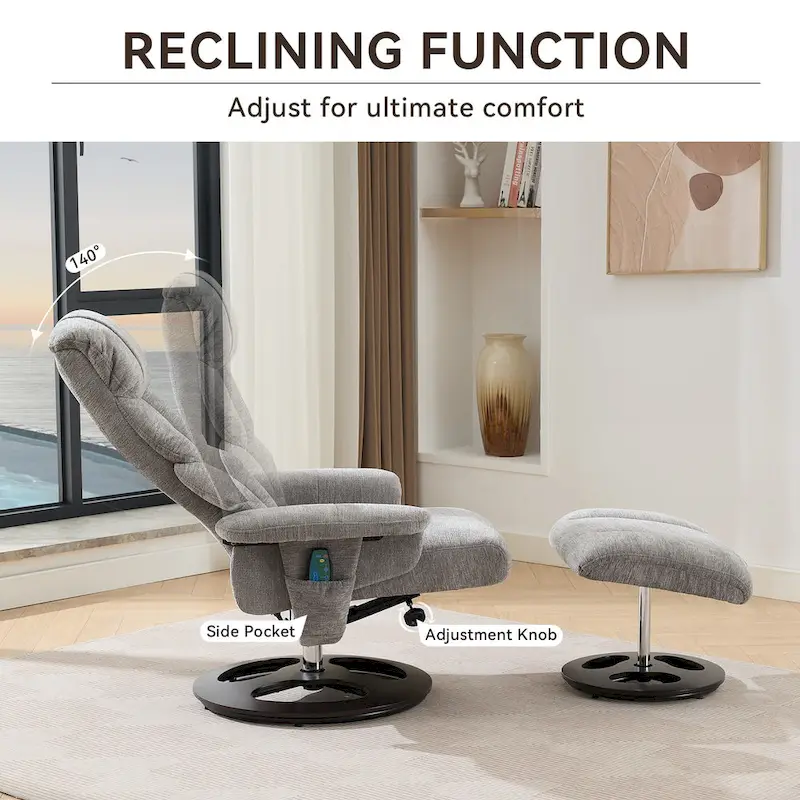 Heated Massage Armchair Chenille Fabric Seating Swivel Recliner Chair with Ottoman, Adjustable Backrest and Remote