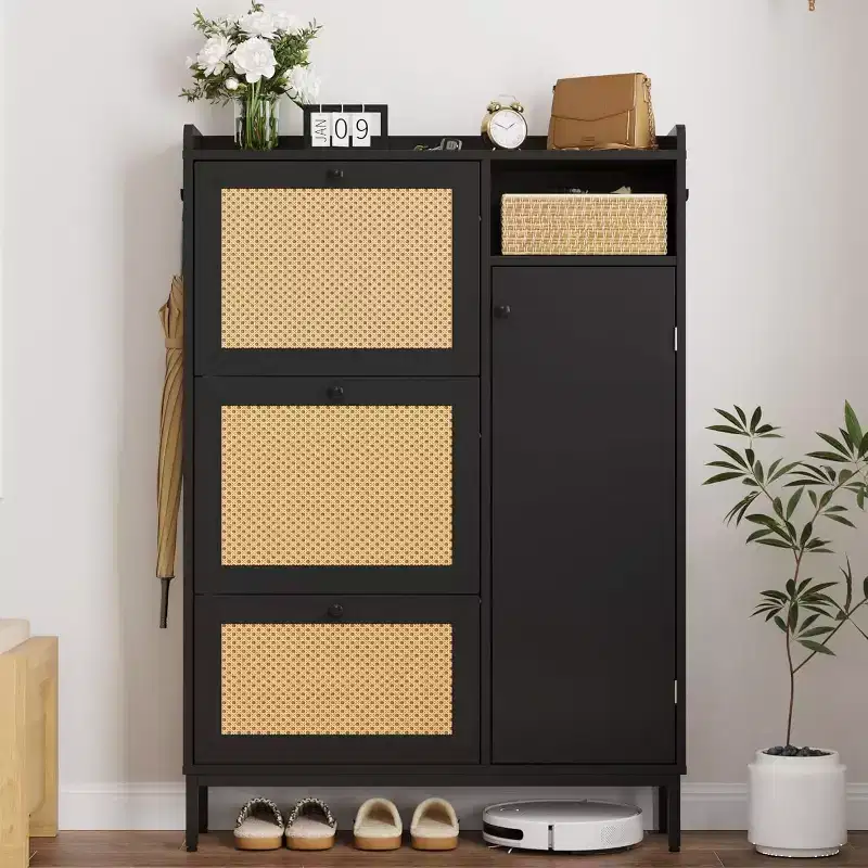 Shoe Cabinet with 3 Flip Drawers, 4-Tier Rattan Shoe Storage Cabinet, Freestanding Shoe Organizer with Adjustable Shelves for Entryway