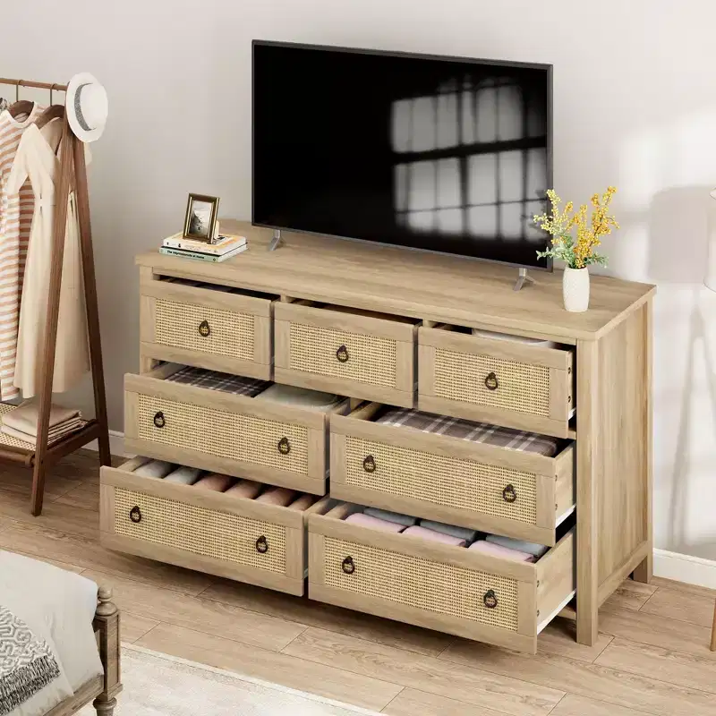 7 Drawer Dresser for Bedroom, 54'' Wide Rattan Dresser, Chest of Drawers, Wooden Chest with Clothes Storage Cabinet, Drawer Organizer