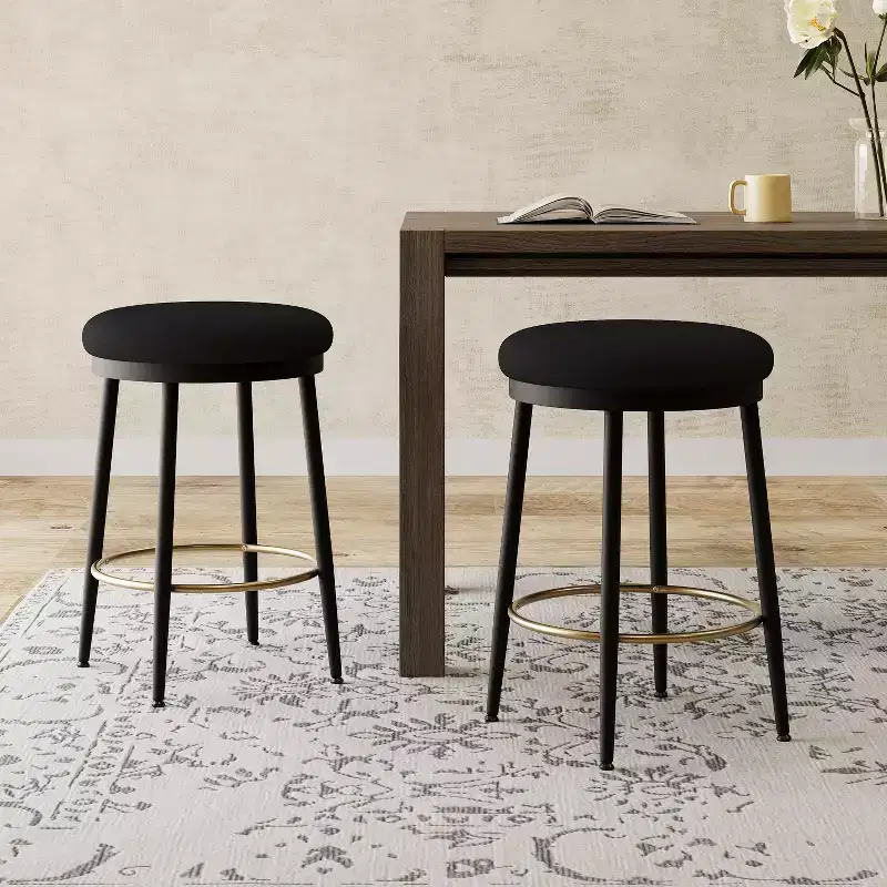 Set of 2 Modern Upholstered Iron Frame Counter Stools with Footrest, 24.75