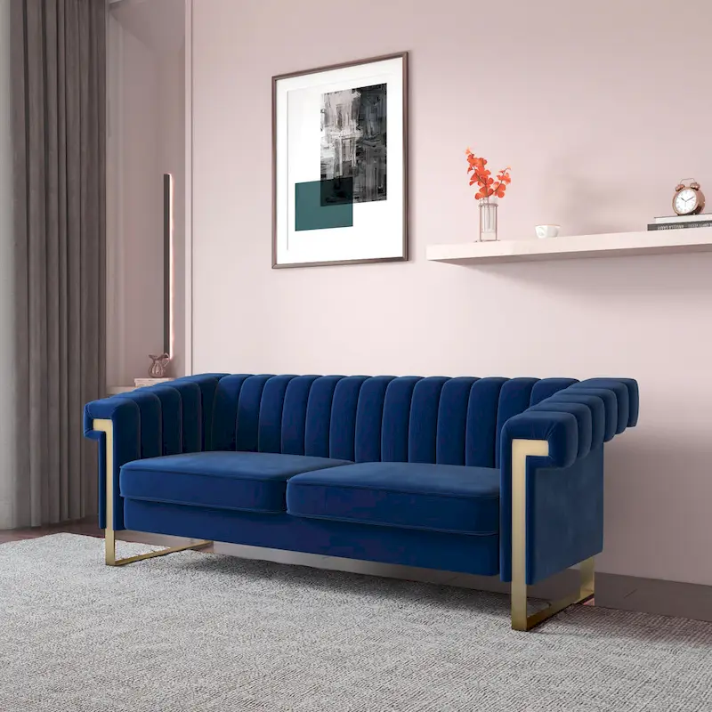 Takefuns Traditional Chesterfield Tufted Velvet Sofa, Couch with Removable Cushions and Gold Legs