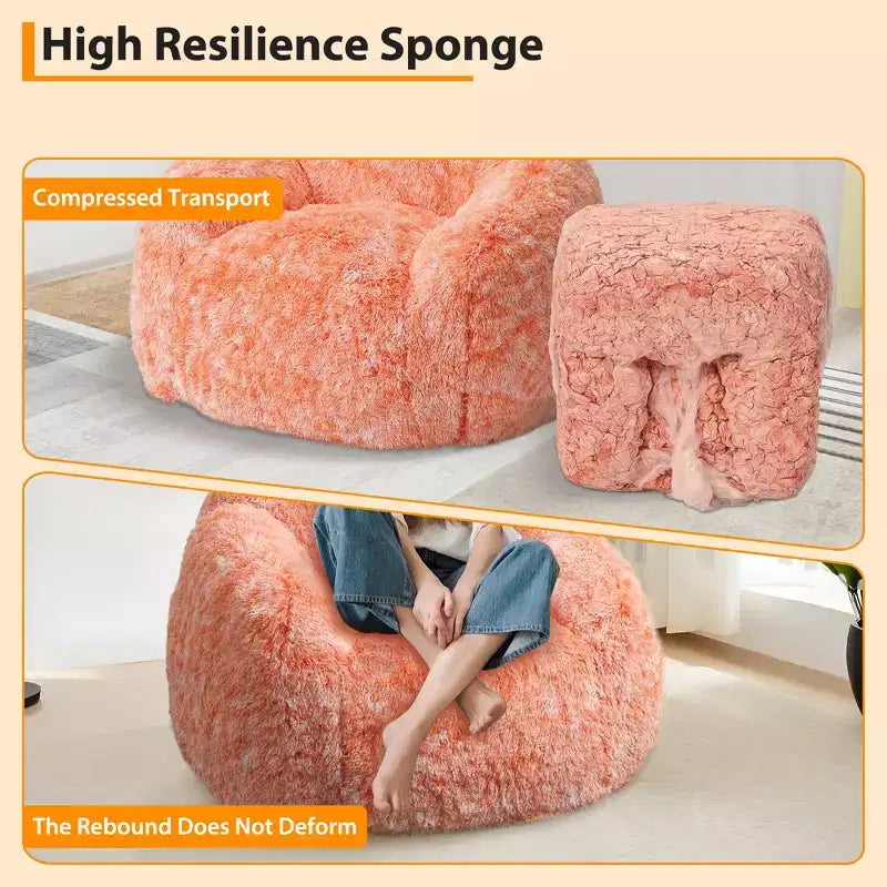 Adult Faux Fur Bean Bag Chair with Armrests - High-Density Foam Floor Sofa