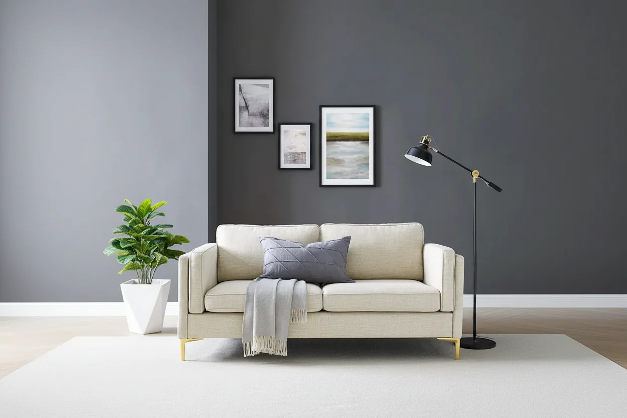 Mid-Century Modern Fabric Sofa, 3-Seater (Beige / Light Gray / White)