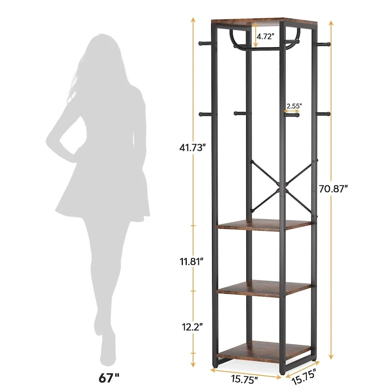 Freestanding Coat Rack with Shelves, 4 Shelves and 8 Hooks