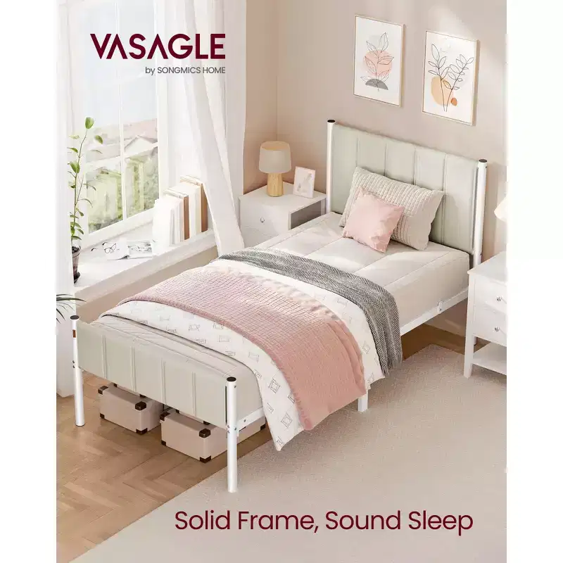 Twin Bed Frame with Upholstered Headboard, Footboard, 550 lb Weight Capacity, Steel Slats, Easy Assembly, No Box Spring Needed