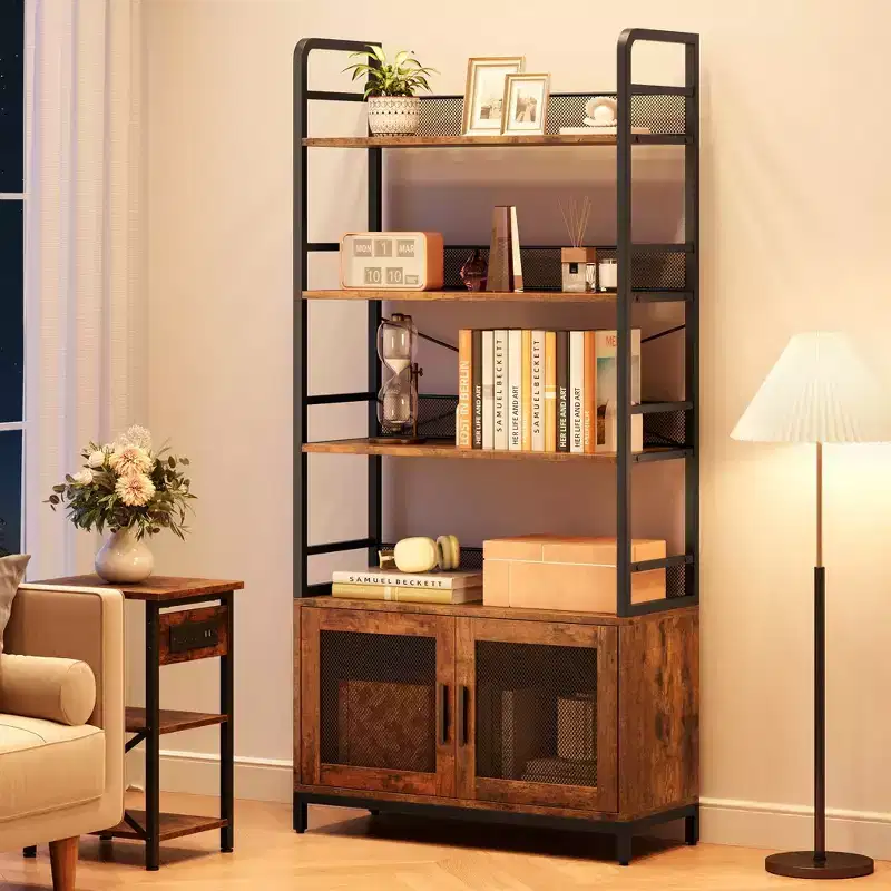 Industrial Bookshelf with Mesh Doors, 4-Tier Storage Bookcase with Open Shelves for Living Room, Bedroom, Home Office, Rustic Farmhouse Brown
