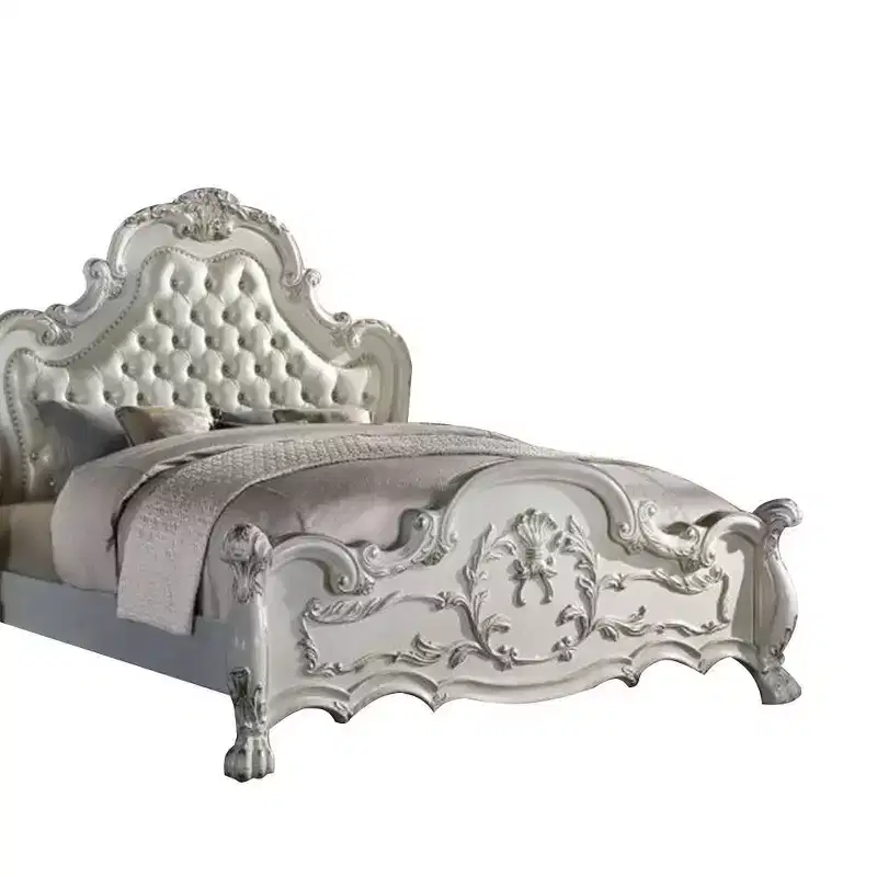 Acme Furniture 97" California King Bed Dresden Bed Synthetic Leather and Bone White Finish : Rococo Style Ample Size, Camelback Design