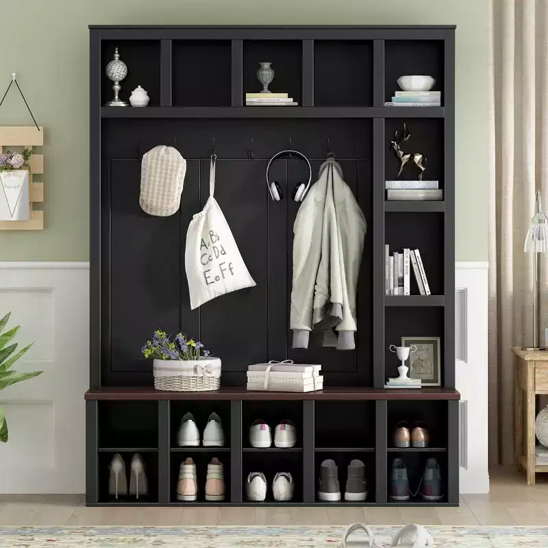 Coat Rack, Practical Walnut Storage Stool, 4-in-1 Entryway Shoe Cabinet with 13 Storage Compartments, Suitable for Foyer