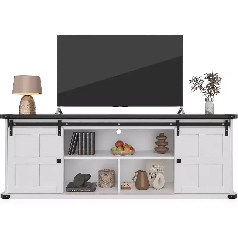 70 TV Stand for 75 Inch TVs, Farmhouse Entertainment Center with Sliding Barn Doors and Storage Cabinets, Modern Media TV Console Table