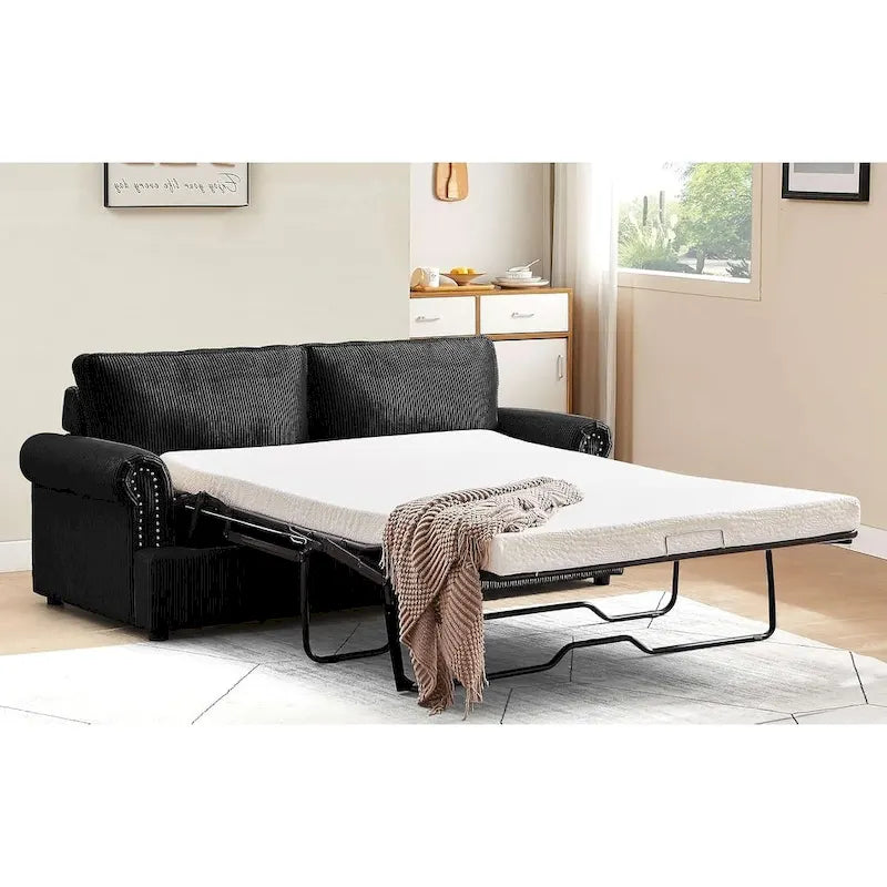 76-Inch Corduroy Sofa Bed with Round Arms and Pull-Out Queen Mattress