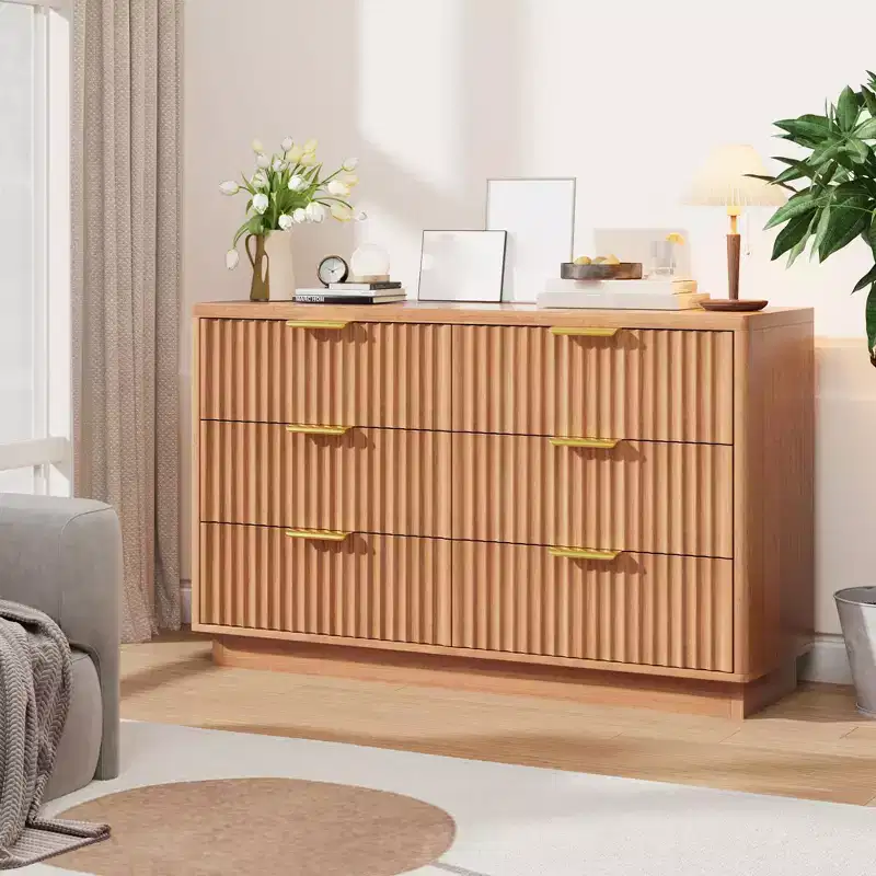 6 Drawer Dresser for Bedroom, 47.2W Wooden Chest of Drawers with Gold Handles, Fluted Dresser TV Stand, Clothes Storage Organizer for Bedroom